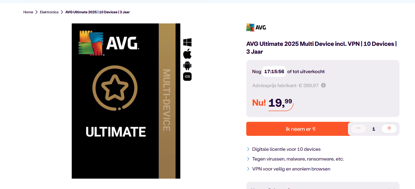 Antivirusbescherming en meer, AVG Ultimate 2025 Multi Device incl. VPN | 10 Devices | 3 Jaar