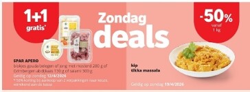 Zondagsdeals bij spar (Colruyt ) op 12/4/26 1+1 gratis op kaasblokjes of salami