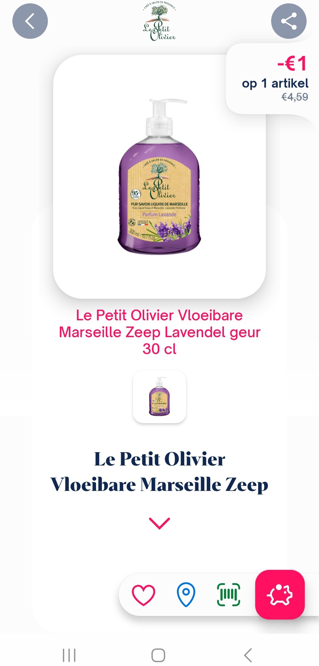-€1 le petit olivier vloeibare marseille zeep lavendel geur 30cl