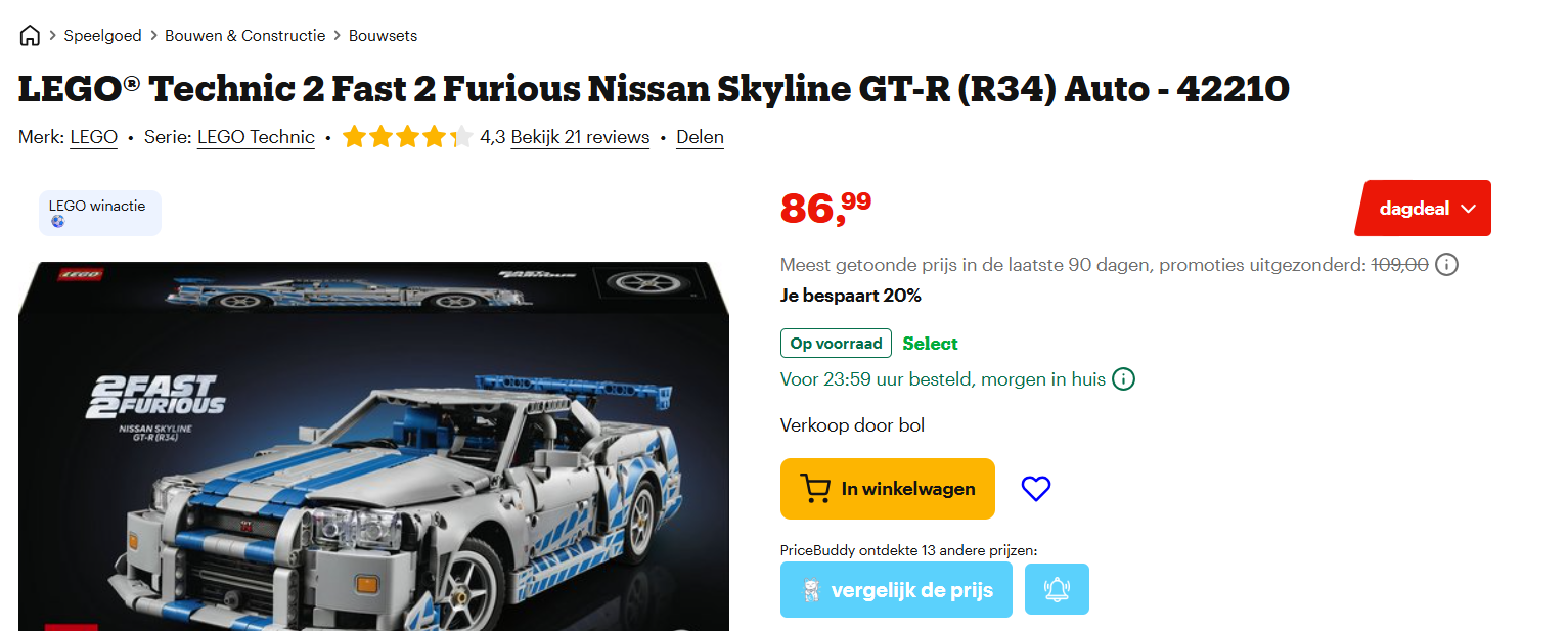 LEGO Technic 2 Fast 2 Furious Nissan Skyline GT-R (R34) Auto - 42210