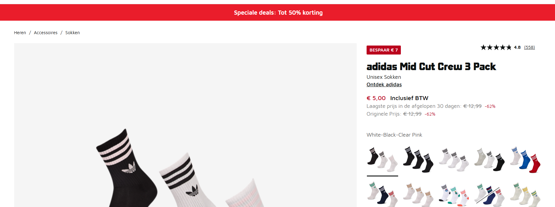 adidas Mid Cut Crew 3 Pack White-Black-Clear Pink - sokken