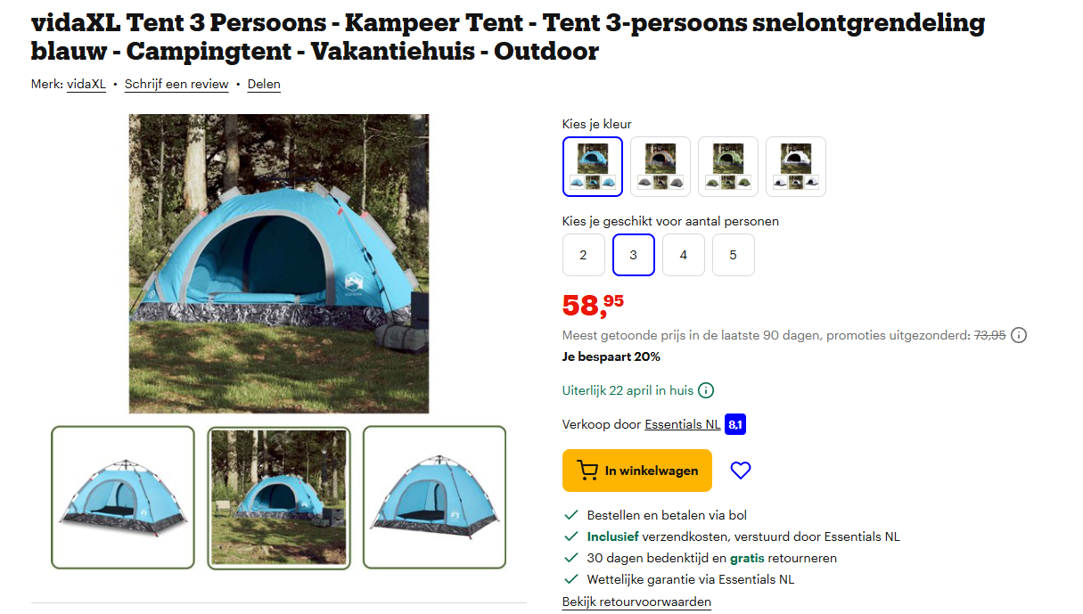 vidaXL Tent 3 Persoons - Kampeer Tent