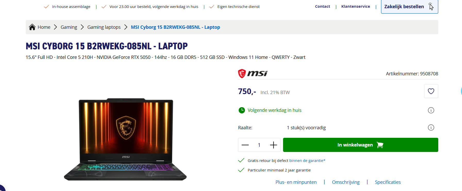 Laptop: MSI Cyborg 15 B2RWEKG-085NL