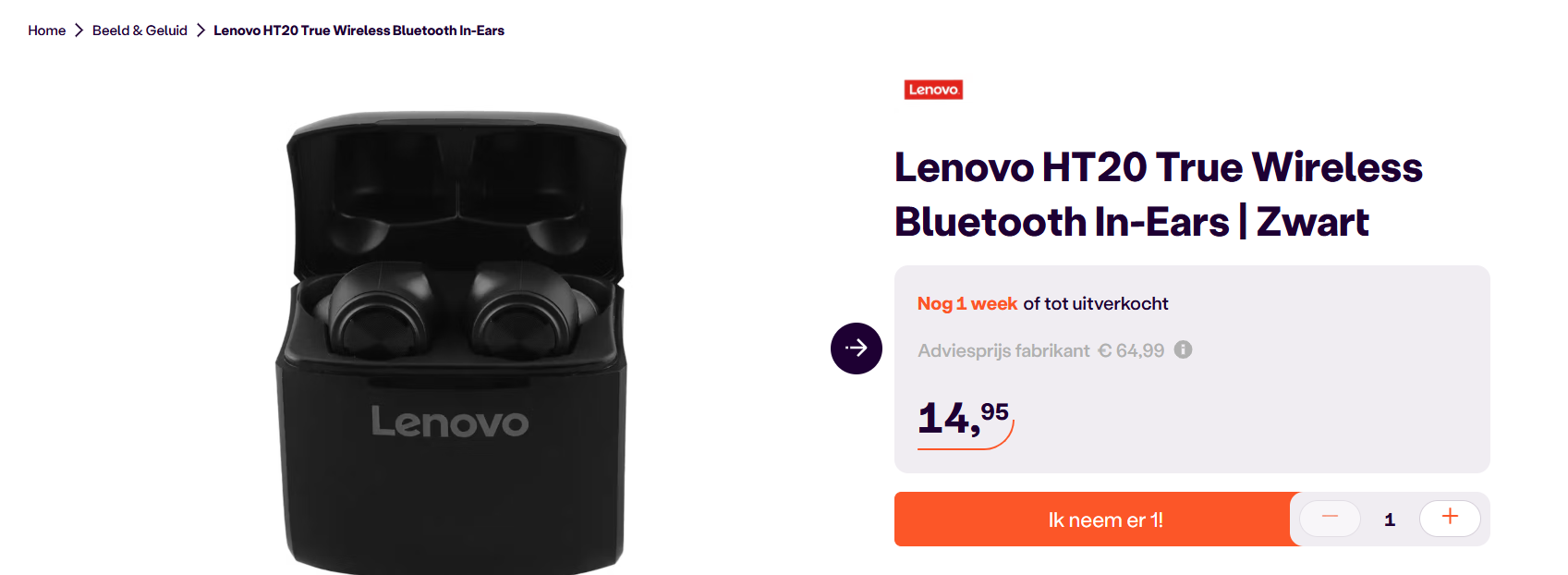 Lenovo HT20 True Wireless Bluetooth In-Ears | Zwart