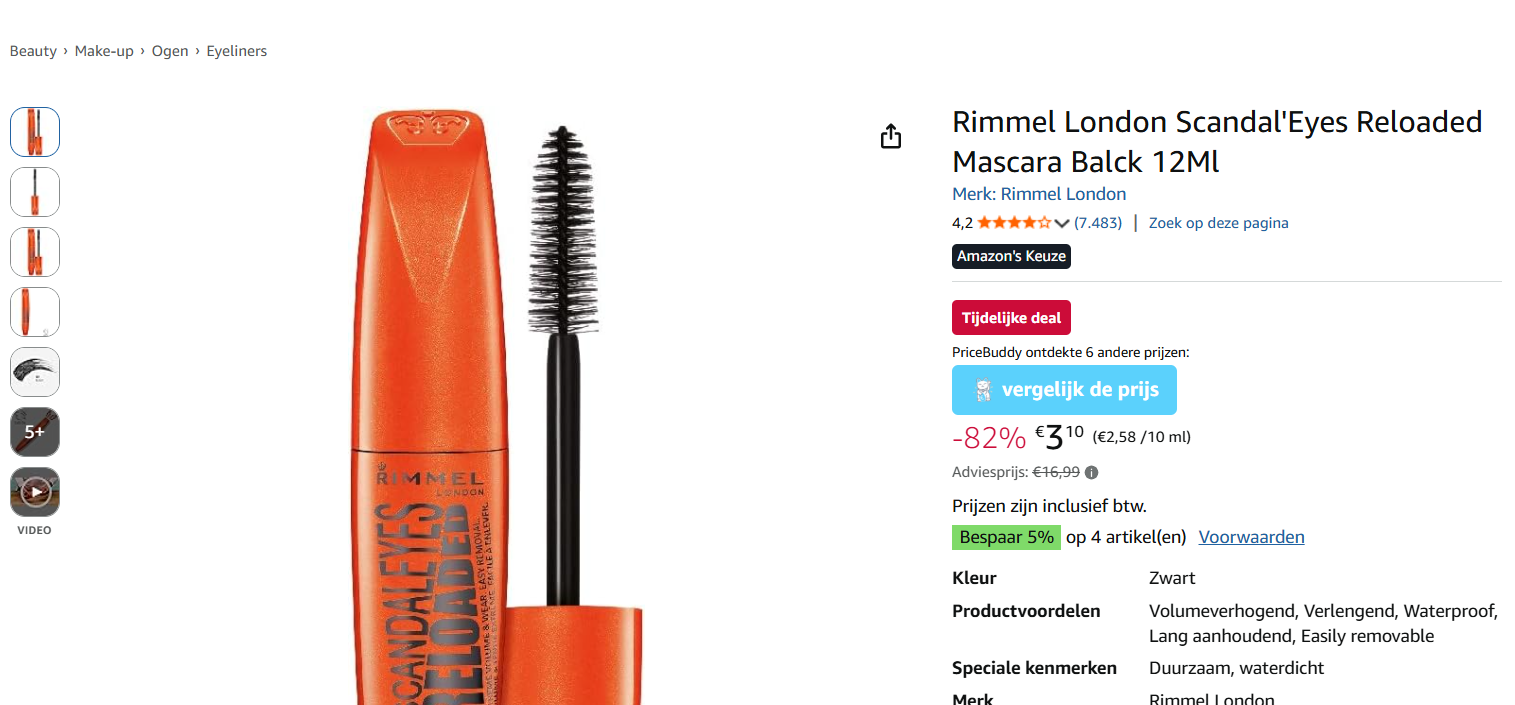 Tijdelijke deal Rimmel London Scandal'Eyes Reloaded Mascara Balck 12Ml
