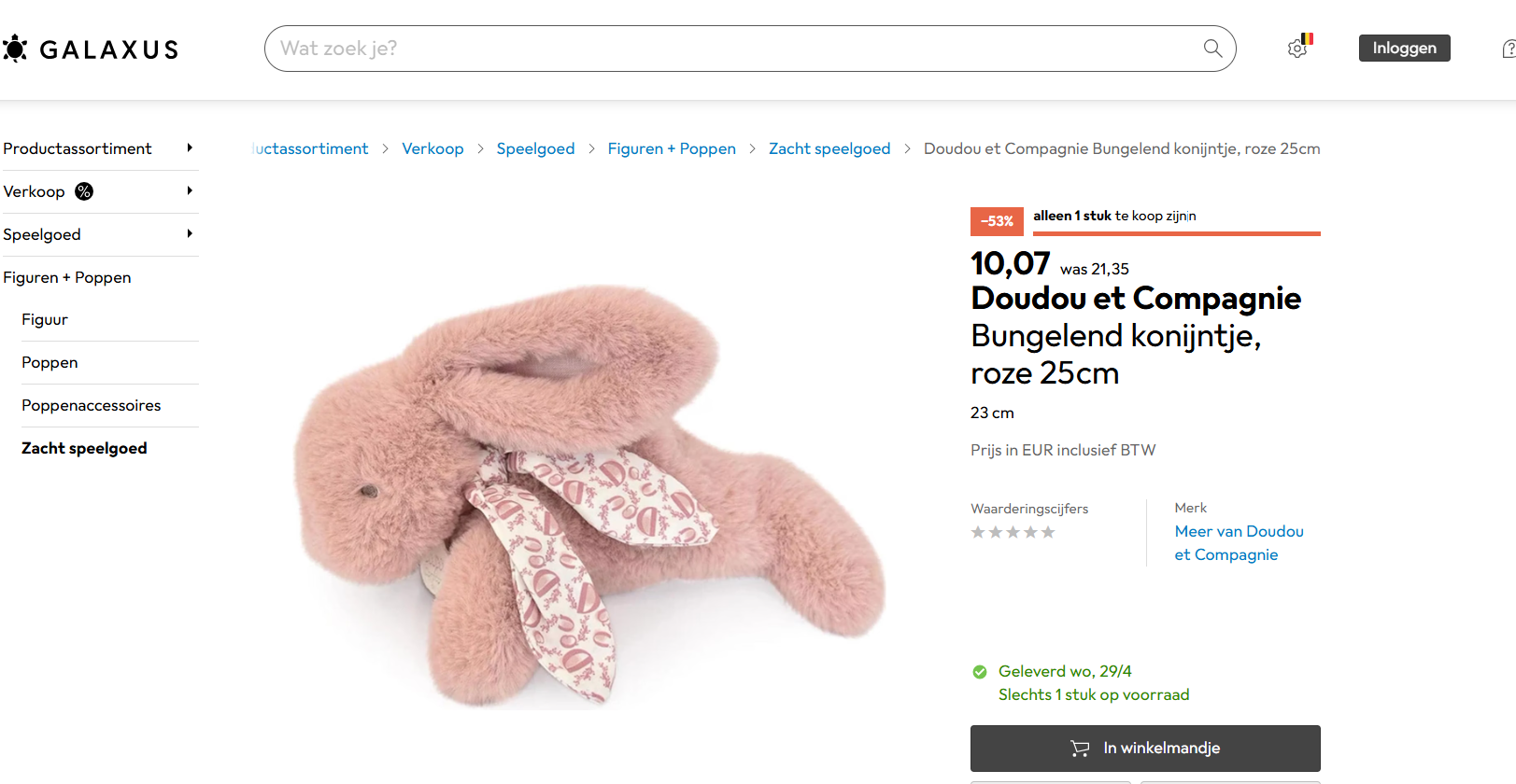 Doudou et Compagnie knuffel konijntje, roze 25cm