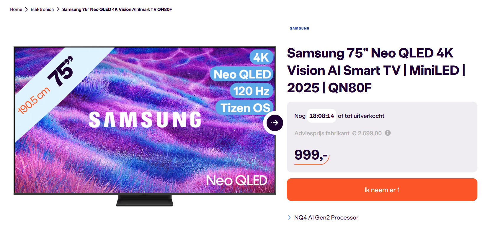TV: Samsung 75" Neo QLED 4K Vision AI Smart TV | MiniLED | 2025 | QN80F