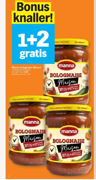Manna bolognaise maison 1+2 gratis bij ah