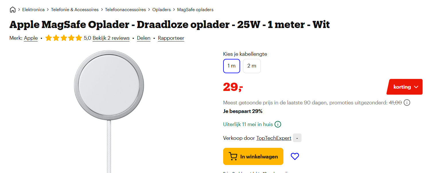 Apple MagSafe Oplader - Draadloze oplader - 25W - 1 meter - Wit