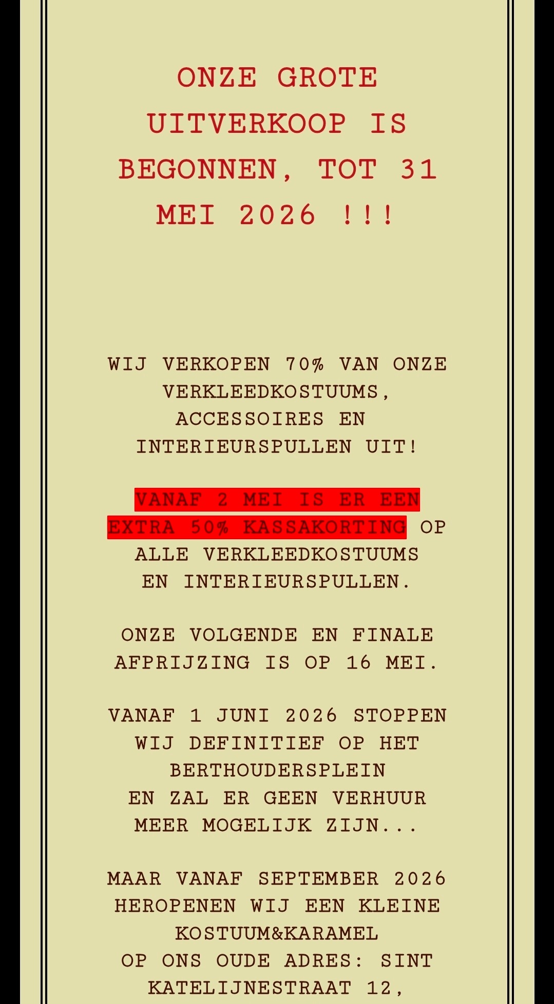 Uitverkoop verkleedkostuums, accessoires en interieurspullen bij kostuumenkaramel