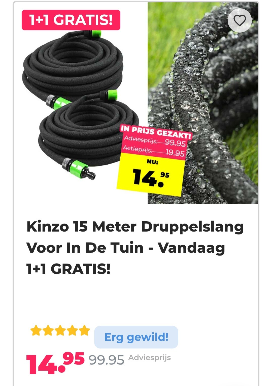 Kinzo 15 meter druppelslang. Nu 1+1 gratis!