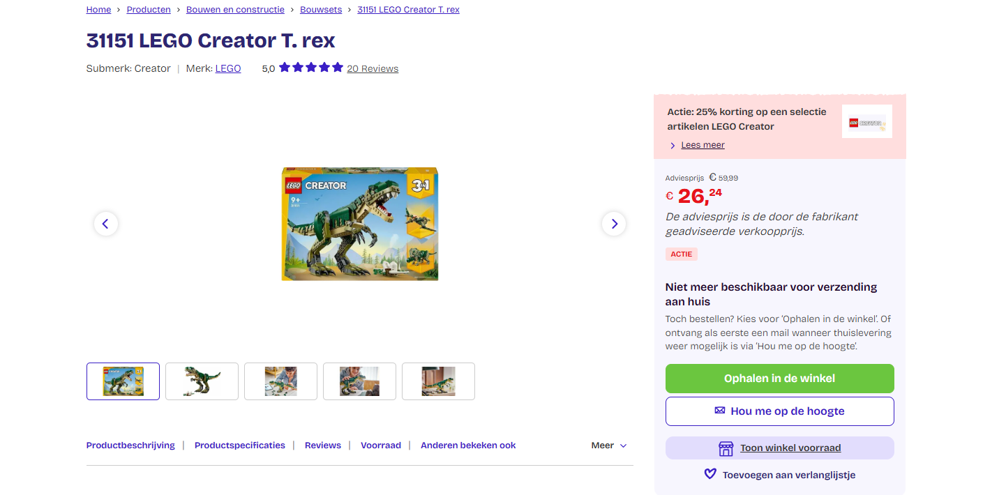31151 LEGO Creator T. rex - laagste prijs ooit (56% korting)