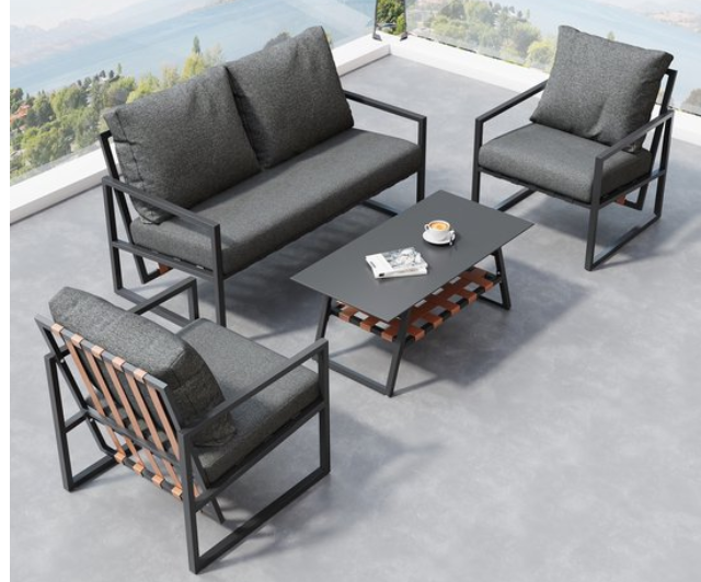 Tuinmeubelset voor 399.99€ met kussens en salontafel in zwart en acacia verkrijgbaar