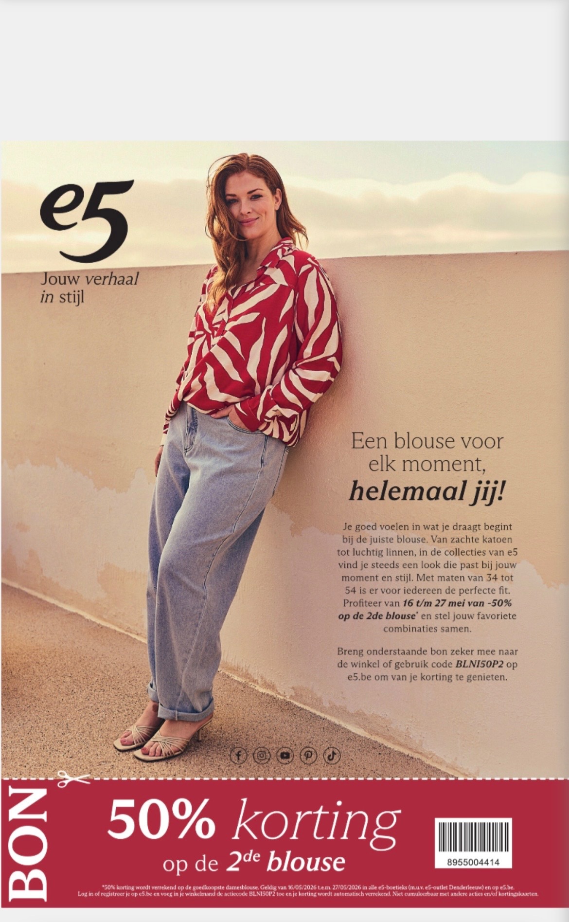 Bon 50% korting op 2de blouse bij e5 in Nina bij hln