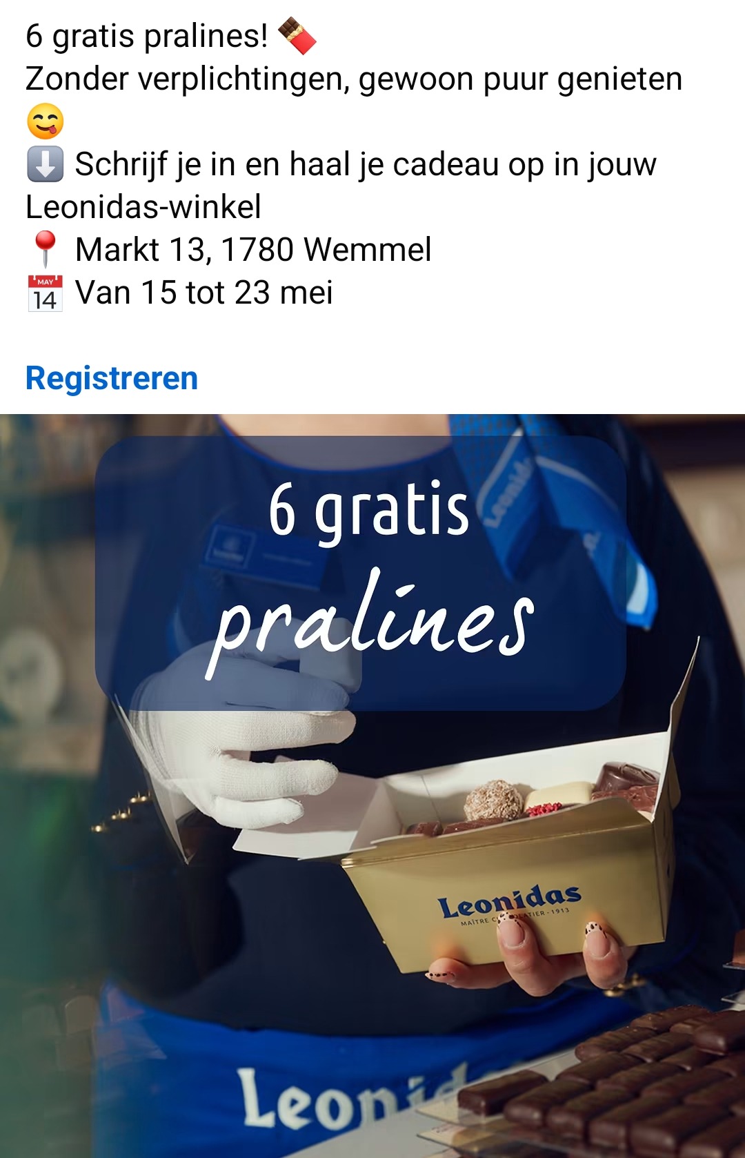 6 gratis pralines van Leonidas in Wemmel
