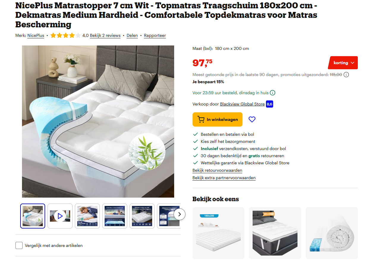 NicePlus Matrastopper 7 cm Wit - Topmatras Traagschuim 180x200 cm