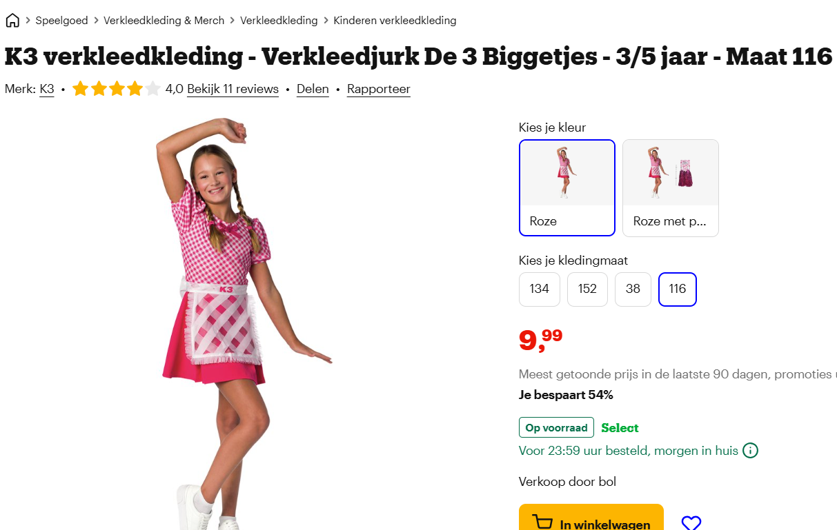 K3 verkleedkleding - Verkleedjurk De 3 Biggetjes - Maat 116,134 & 152