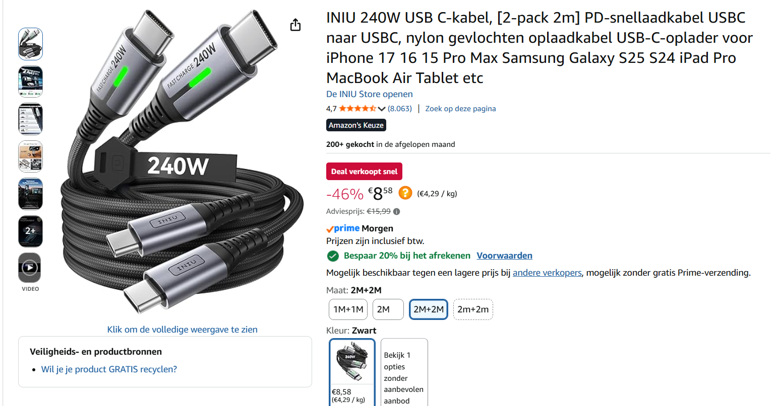 INIU 240W Cable USB C vers USB C, [2Pack 2m] PD3.0 Câble USBC Type C Charge Rapide pour iPhone 17 16 15 Pro Max, Samsung Galaxy S25 S24 S23