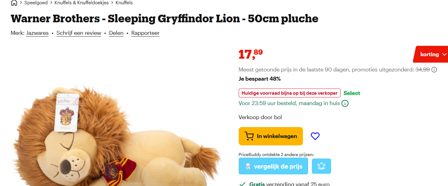 Warner Brothers Gryffondor Leeuw knuffel