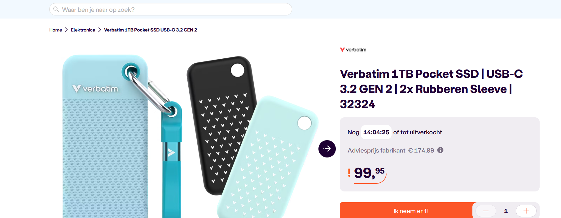Verbatim 1TB Pocket SSD | USB-C 3.2 GEN 2 | 2x Rubberen Sleeve | 32324