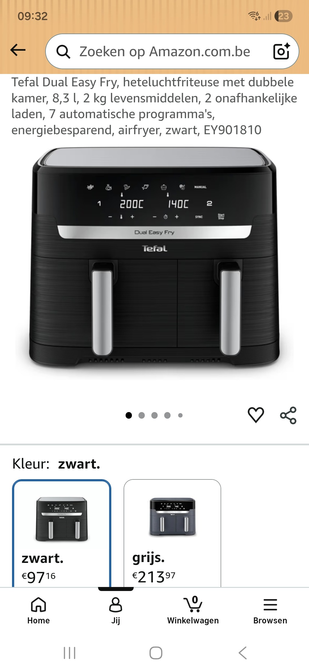 Tefal Dual Easy Fry, heteluchtfriteuse met dubbele kamer, 8,3 l EY901810