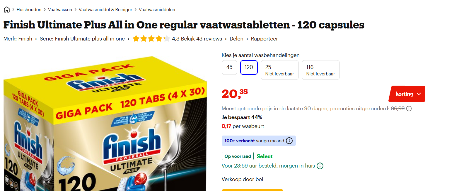 Finish Ultimate Plus All in One regular vaatwastabletten - 120 capsules