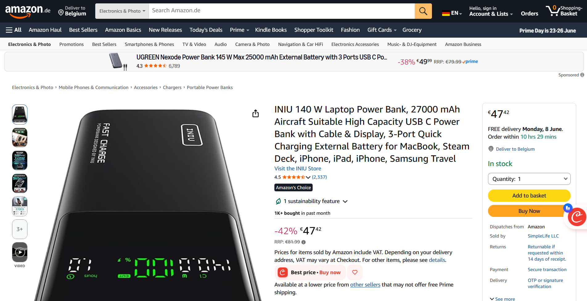 INIU Power Bank, 27000mAh voor €47,42 bij Amazon.de