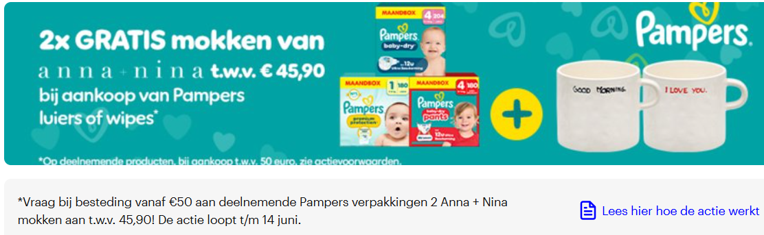 Gratis Anna + Nina mokken bij aankoop van Pampers bij bol
