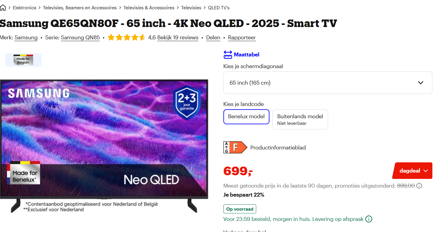 Dagdeal bol: TV Samsung QE65QN80F