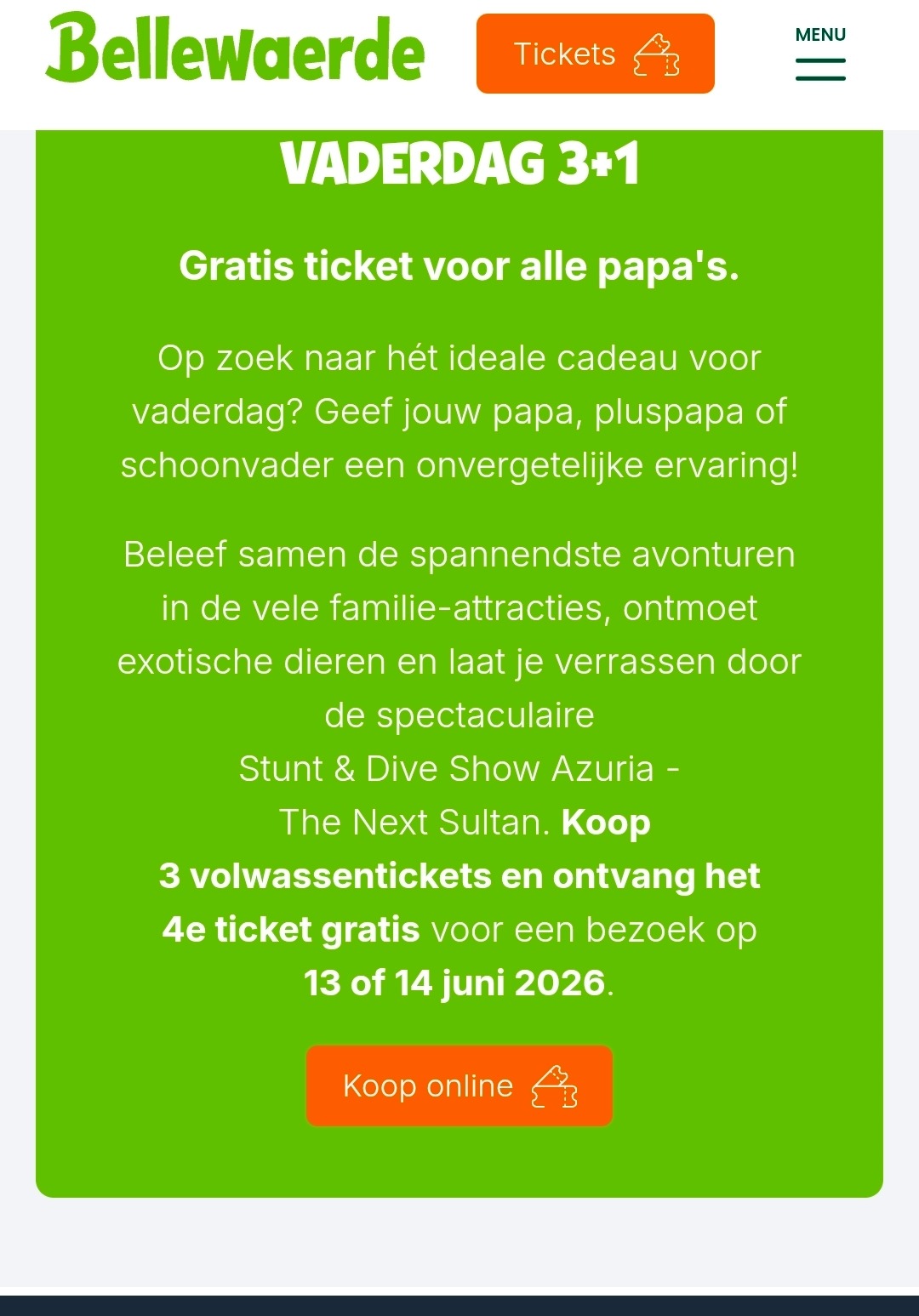 Bellewaerde Gratis ticket voor alle papa's. 3 + 1 ticket