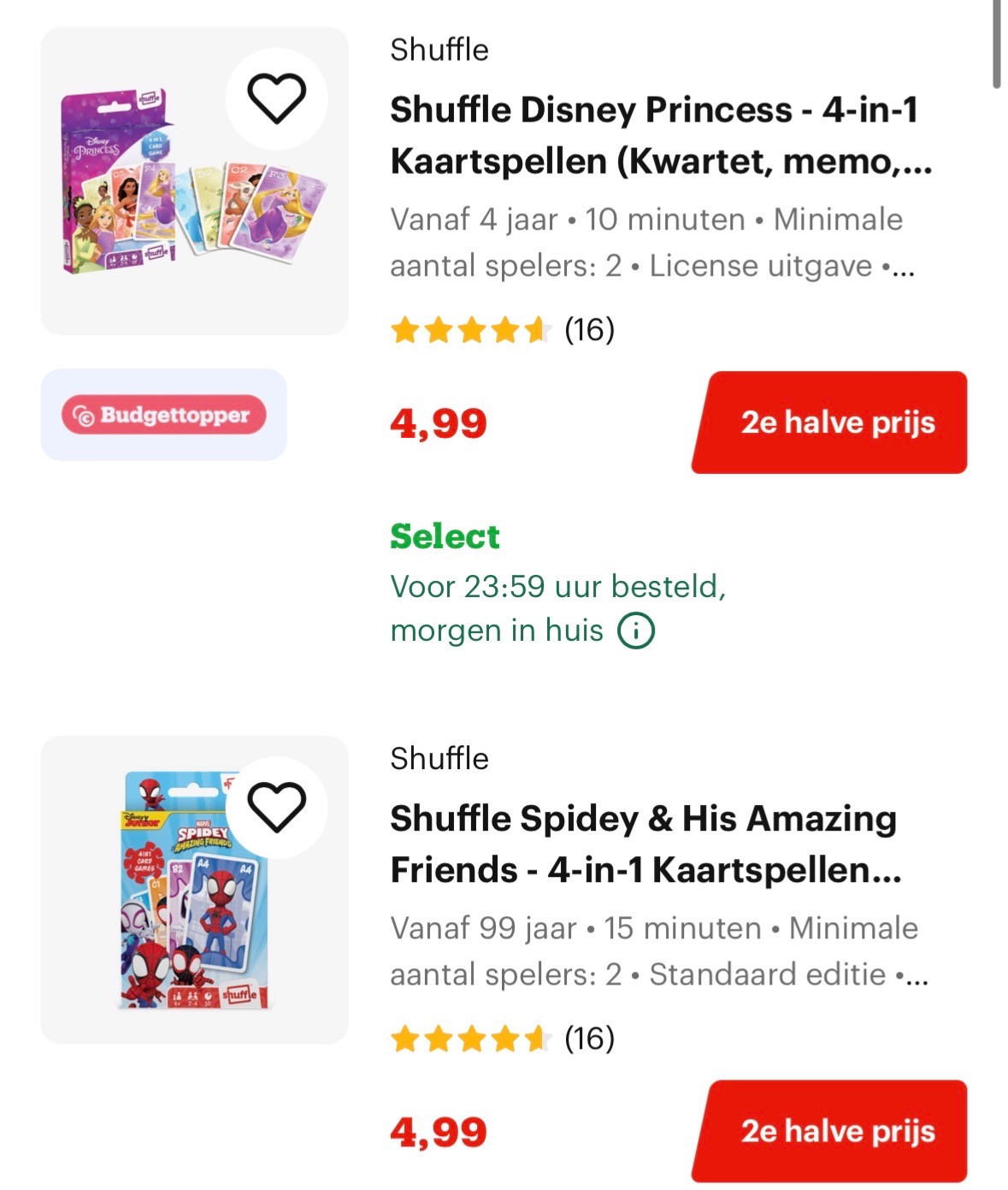 2e halve prijs op spellen