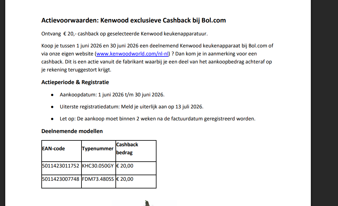 Ontvang 20,- cashback op geselecteerde Kenwood keukenmachines