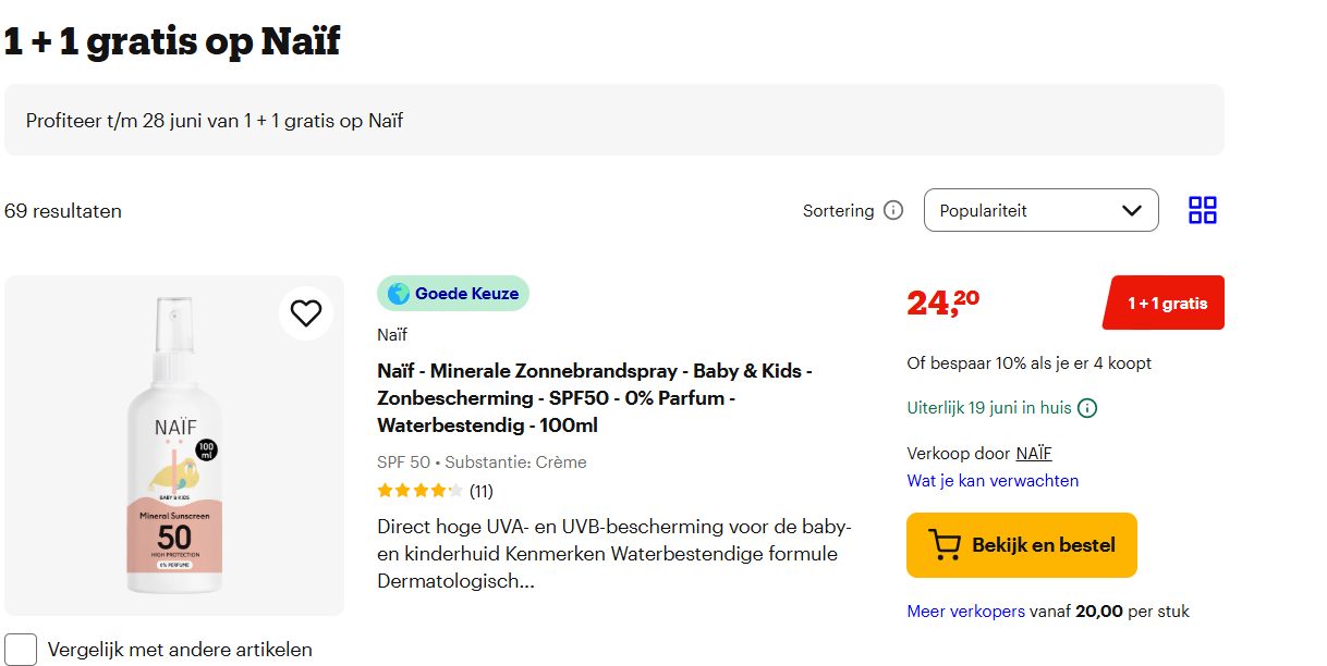 1 + 1 gratis op Naïf