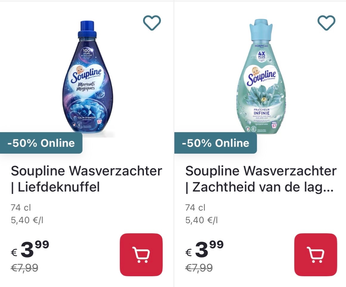 Soupline wasverzachters -50% op Delhaize.be