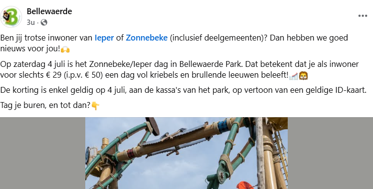 Ben jij trotse inwoner van Ieper of Zonnebeke (inclusief deelgemeenten)? zaterdag 4 juli = Zonnebeke/Ieper dag in Bellewaerde Park => slechts € 29!