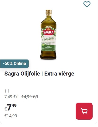 Sagra olijfolie extra vierge 1L -50% op Delhaize.be