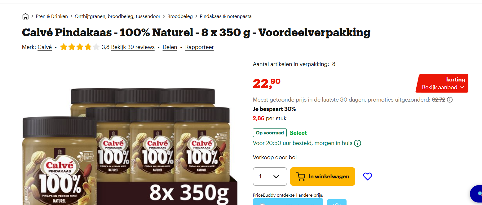 Calvé Pindakaas - 100% Naturel - 8 x 350 g - Voordeelverpakking