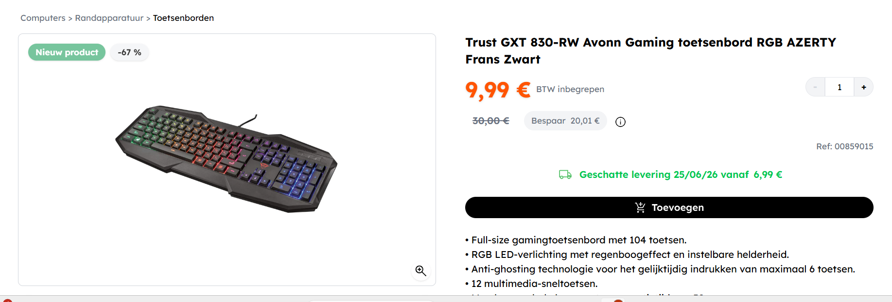 Trust GXT 830-RW Avonn Gaming toetsenbord RGB AZERTY Frans Zwart