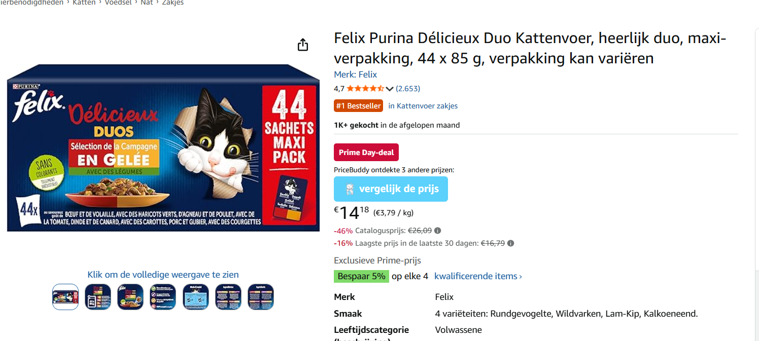 Felix Purina Délicieux Duo Kattenvoer, maxi-verpakking, 44 x 85 g - prime deal