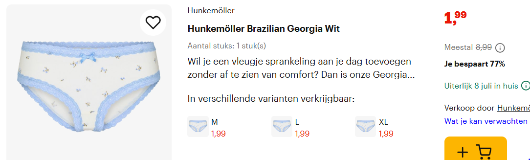 Hunkemöller slips vanaf 1,99€, bikinislips 4,99€ en bh's vanaf 9,99€