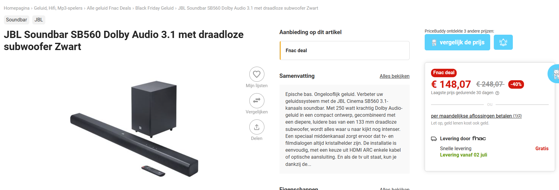 🔊 JBL Soundbar SB560 Dolby Audio 3.1 — 40% korting bij Fnac!