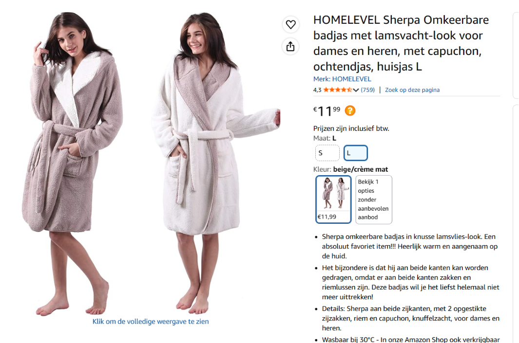 Omkeerbare badjas met lamsvacht-look voor dames en heren