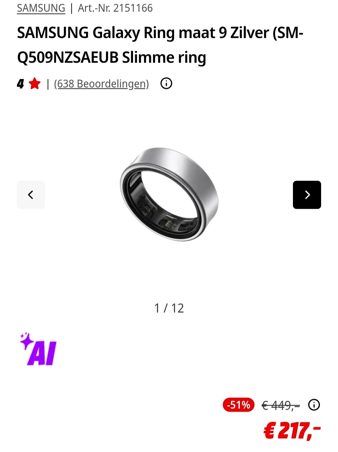 SAMSUNG Galaxy Ring maat 9 Zilver