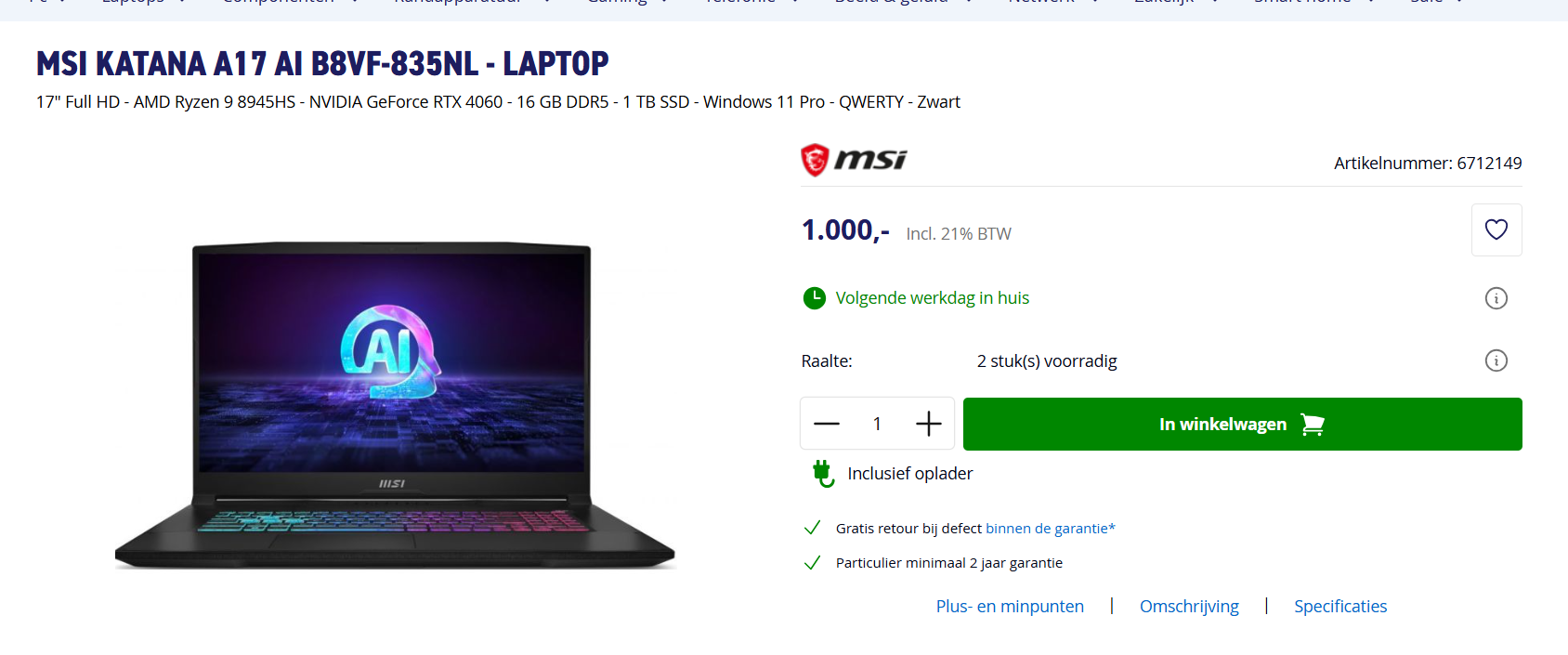 💻 MSI Katana A17 AI B8VF-835NL Laptop