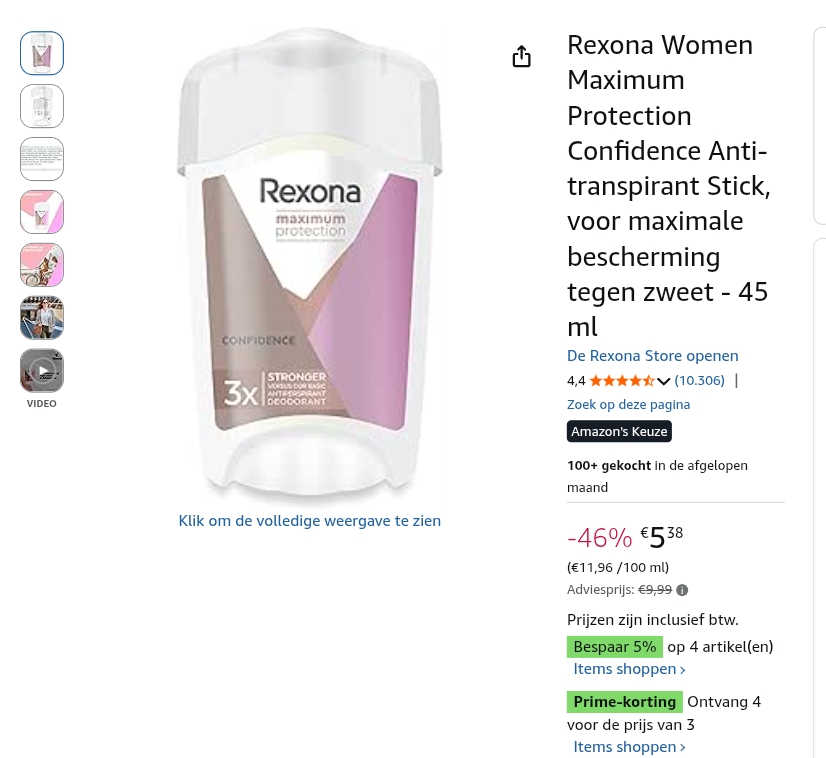 4 rexona sticks voor 15,06€ ipv 39,96€ bij Amazon NL!