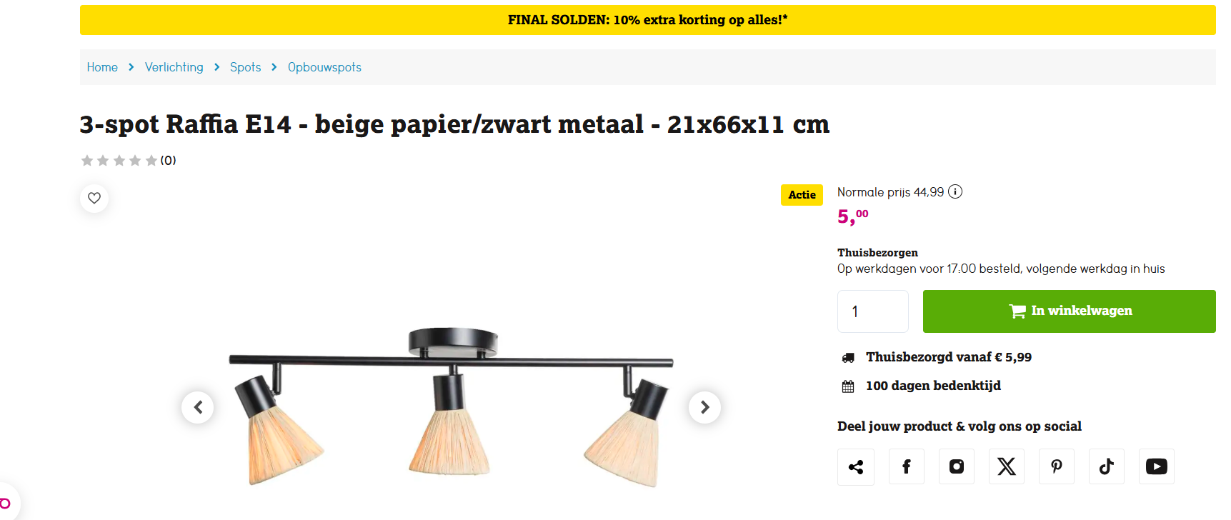 💡 3-spot Raffia plafondlamp - waanzinnige korting bij Leenbakker!