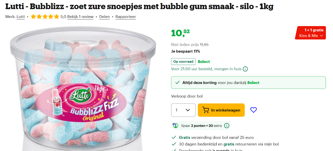 lutti snoep 1kg en 1kg gratis