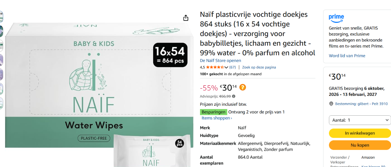 Naïf plasticvrije vochtige doekjes