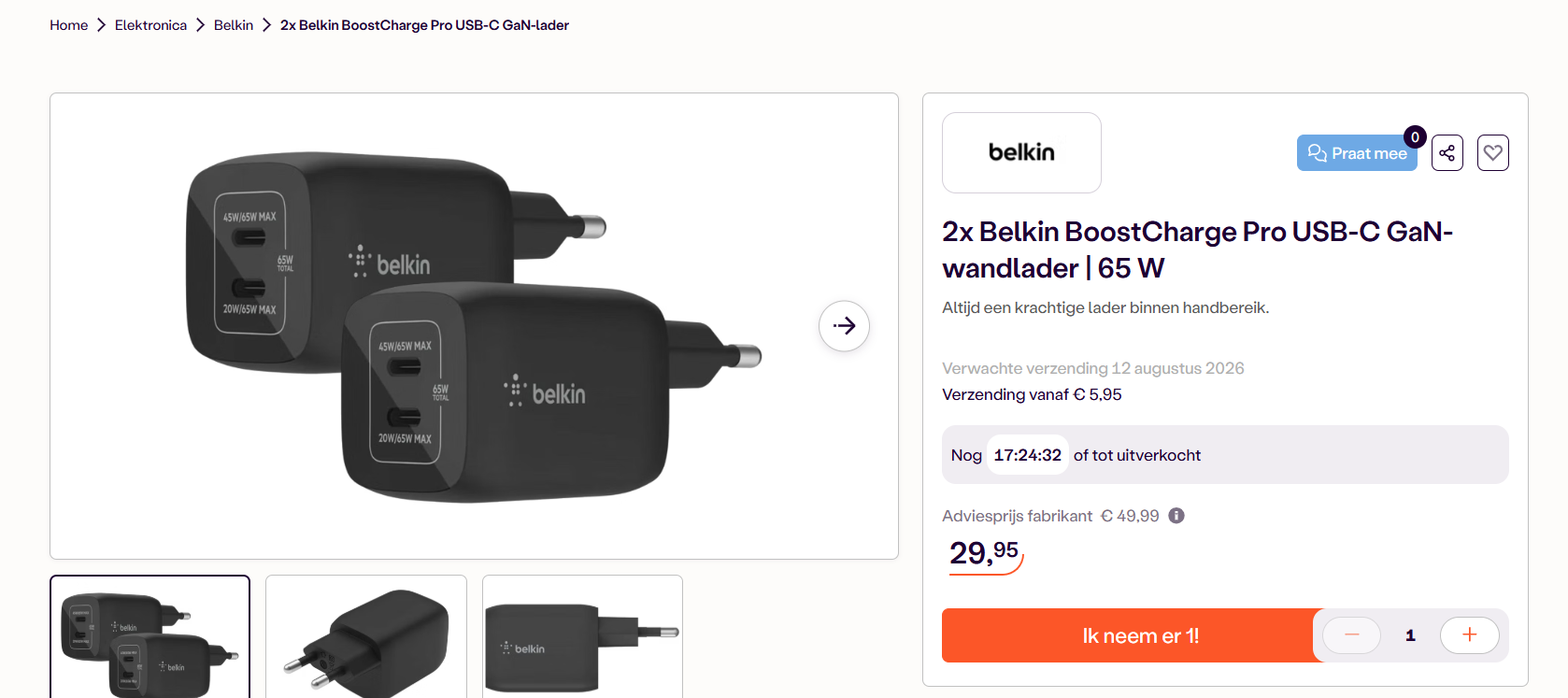 2x Belkin BoostCharge Pro USB-C oplader