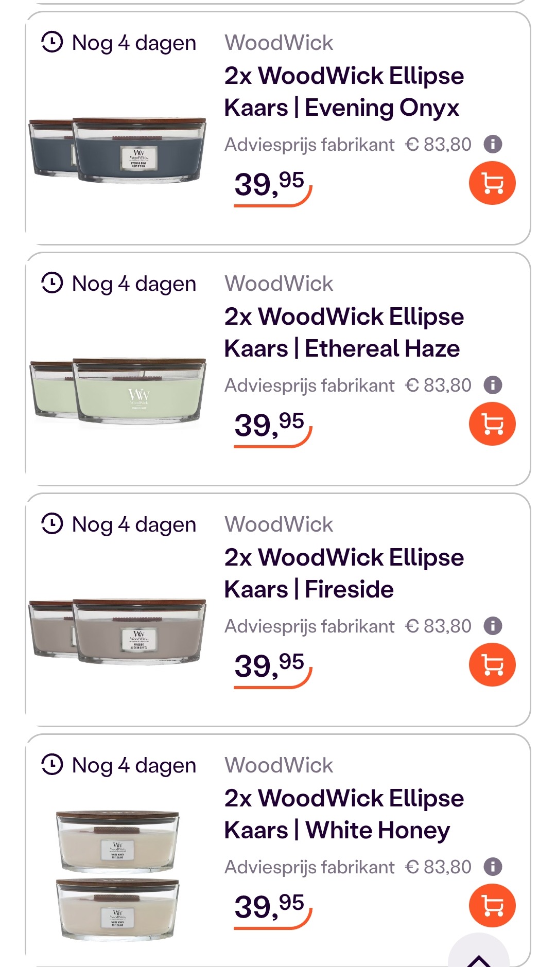 Woodwick kaarsen vanaf 17,48€ per stuk